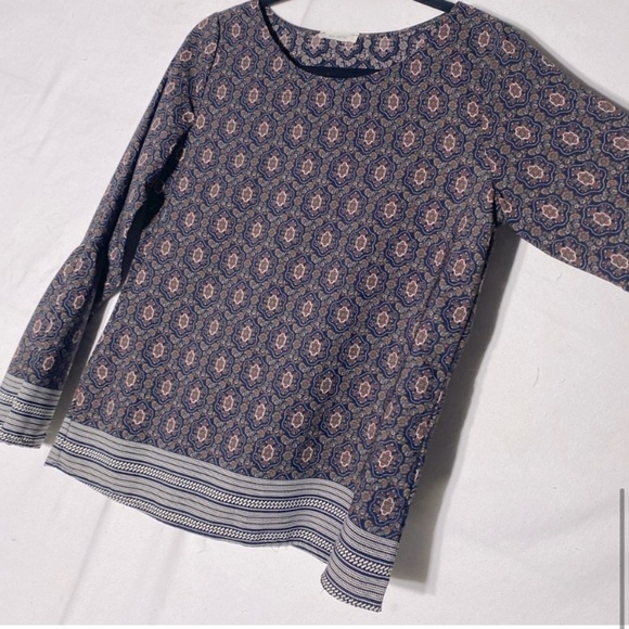 Les Amis Navy Blue Brown Cream Print Long Bell Sleeve Boho Blouse S - Picture 10 of 14